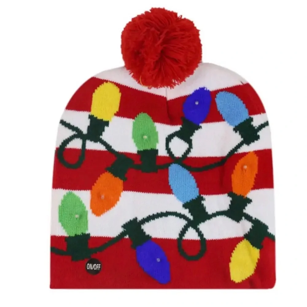 Kids Red & White Holiday Light Pom Beanie ( lights up when button pushed)